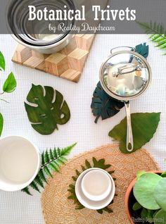 a table topped with lots of green plants and plates