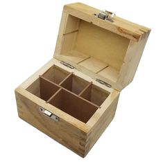 an open wooden box with four compartments