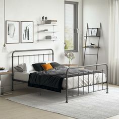 a bed room with a neatly made bed next to a window and a shelf on the wall