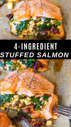 salmon stuffed with spinach and other vegetables on a baking sheet