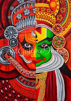 Indian Home Decor, Indian Dance,Kerala Painting,Carnatic,Kathakali Acrylic Painting, Instant download, Indian digital Art . NAMASTE       Kathakali is the folk dance from the Indian state, Kerala. It is performed by men wearing bright clothes and vibrant makeup. It is a ''story play'' genre of art which synthesises music, vocal performers, choreography and hand and facial gestures to express ideas. The vocal performance has traditionally been performed in ''MALAYALAM''. Malayalam is the language Theyyam Painting, South Indian Art, Kerala Art, Art Mini Toile, Mural Art Design, Modern Indian Art, Kerala Mural Painting, Colorful Outfits