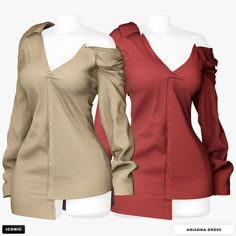 two women's blouses on mannequins are shown in three different colors