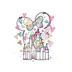 a drawing of a castle with balloons and confetti in the shape of a heart