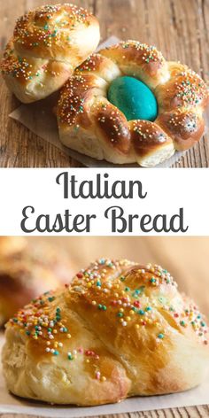 two different types of bread with sprinkles on them and the words italian easter bread