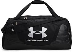 the under armour duffel bag is black and white with an under logo on it