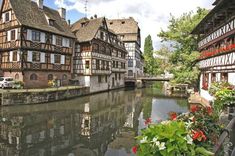 a river running through a city next to tall wooden buildings with flowers growing on them