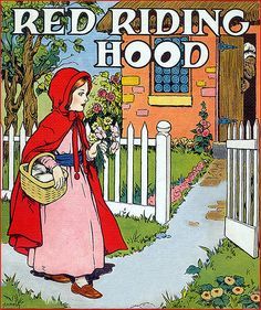 a little red riding hood is walking down the street with flowers in her hand and a basket