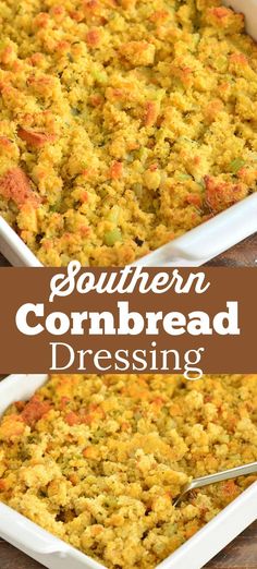 southern cornbread dressing in a white casserole dish