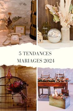 a collage of photos with flowers, candles and birdcage on the table