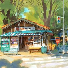 a painting of a small store on the side of a road with trees in the background