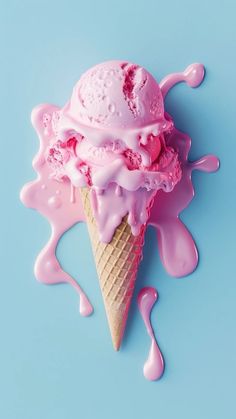 an ice cream cone with pink icing on a blue background