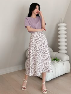 Purple Casual Collar Short Sleeve  Floral  Embellished Non-Stretch  Women Clothing Pastel Floral Outfit, Purple Modest Outfit, Purple Floral Skirt Outfit, Outfits With Floral Skirts, Casual Spring Skirt Outfits, Light Purple Skirt Outfit, Purple Casual Outfit, Purple Skirt Outfit, Floral Skirt Outfit