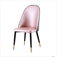 a pink chair with black legs and a gold metal frame on the bottom, in front of a white background