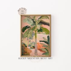 a painting hanging on the wall with a clock above it that reads rocky mountain west art