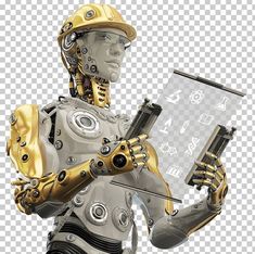 a robot holding a piece of paper in his hand and wearing a helmet with gears on it