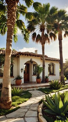 a white house surrounded by palm trees and greenery