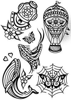 some tattoos that are black and white with designs on them, including a hot air balloon