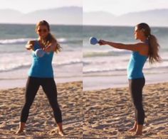 two pictures of a woman doing exercises on the beach