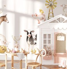 an animal themed room with farm animals on the wall and in the background is a dollhouse