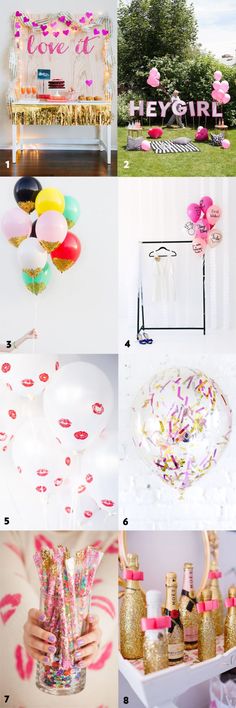 a collage of photos with balloons, confetti and other things to do