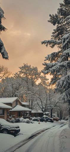 a snowy street with cars parked on the side and houses in the background at sunset