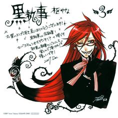 an anime character with long red hair and black clothes, holding her hand up to her face