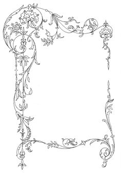 an ornate frame with flowers and vines on the edges, in black and white ink