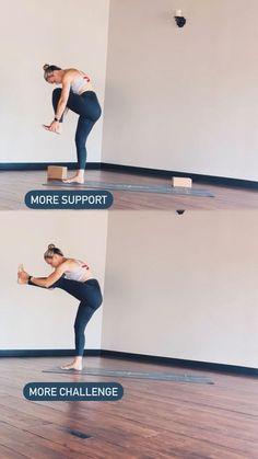 a woman standing on top of a wooden block with the words more support and more challenge