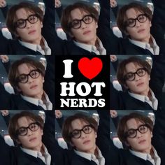 many pictures of a woman wearing glasses with the words i love hot nerds