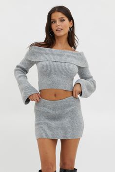 Early Snow Ribbed Knit Skirt Grey by Selfie Leslie Pink Dress Shoes, Sweater Skirt Set, Brunch Dress, Micro Mini Skirt, Off Shoulder Fashion, Iron Material, Basic Dress, Your Crush, Knit Crop