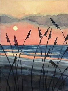 watercolor painting of sea oats at sunset