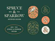 the logo for spruce and tex sparrow interior design, which is featured in several different colors