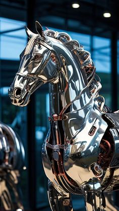 two shiny metal horse sculptures in front of a building