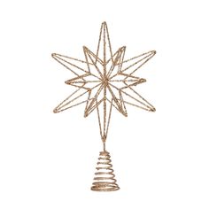 a gold christmas ornament hanging from a string on a white background with the shape of a snowflake