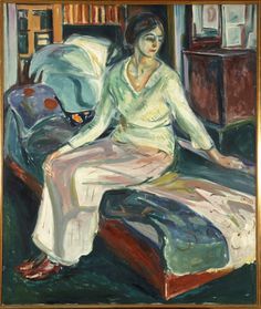 a painting of a woman sitting on a bed in front of a bookshelf