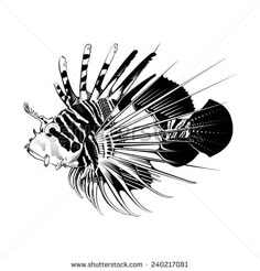 a lion fish head with feathers and claws