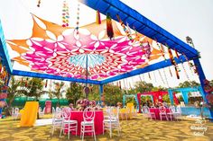 an outdoor tent with tables and chairs set up for a party or celebration under the canopy