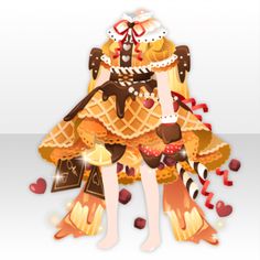 a woman in a dress made out of cookies and candies with hearts around her neck