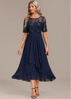 Color:Navy;Size:S;Size:M;Size:L;Size:XL;Size:XXL;Package Contents:1 X Dress;Occasion:Other;Style:Casual; Navy Dress For Fall Party, Navy Blue Midi Dress, Round Neck Dress, Flowy Design, Navy Midi Dress, Lace Short, Round Neck Dresses, Navy Lace, Lace Midi