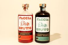 two bottles of facciia brutto and aperitito on a white background