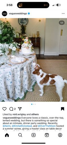 a dog standing in front of a table covered with flowers and cake on top of it