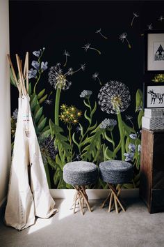 a black and white wallpaper with dandelions in the grass, next to two stools