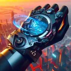 a futuristic watch being held up in the air by a person's hand over a cityscape