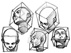 some sketches of heads and faces with different angles to the side, from top to bottom