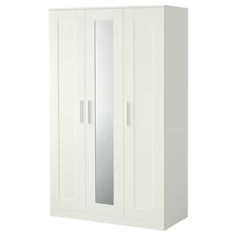 a white armoire with mirrored doors on the front and side panels, against a white background