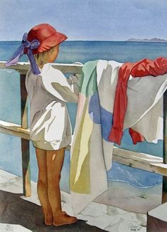 a painting of a woman standing on a pier with her clothes hanging out to dry