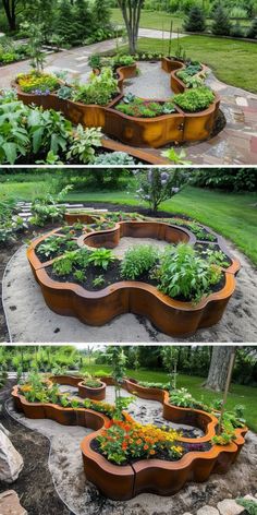 an outdoor garden with many different types of plants and flowers in the planter area