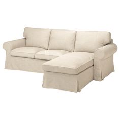 a white couch with a chaise lounge in front of it on a white background