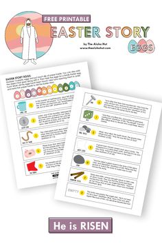 an easter story worksheet with the text, he is risen and his name