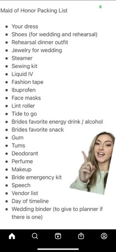 the bride's list for her wedding day is shown in this screenshote